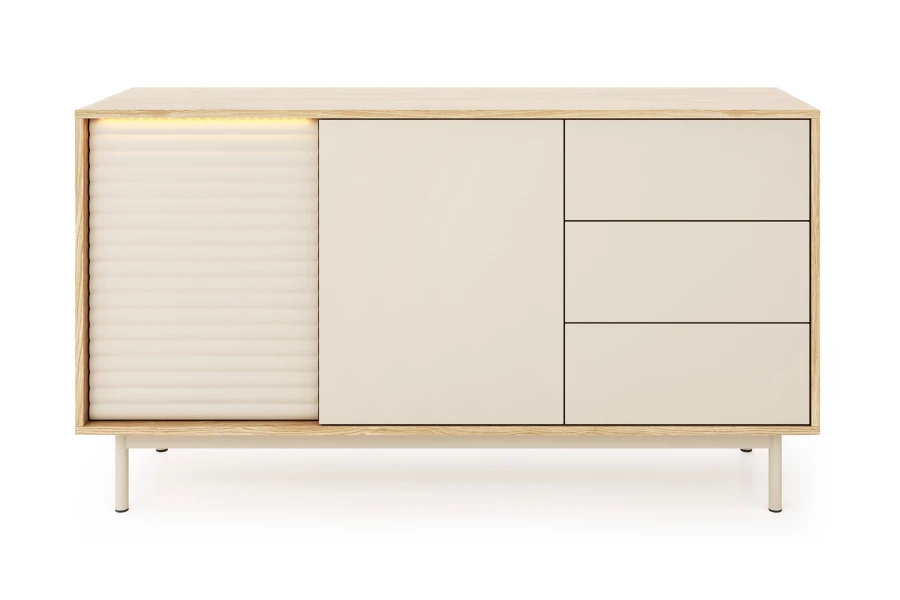 Moderne Togy Kommode 03 in Eiche-Optik mit beigen Fronten und integrierter LED-Lichtleiste.
