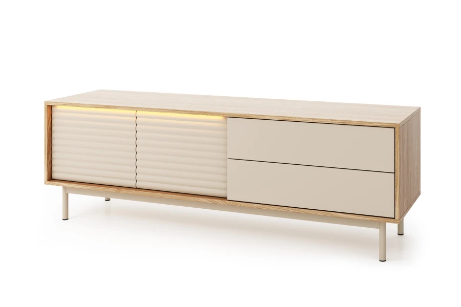 Elegantes Togy Lowboard in Eiche mit zwei geriffelten Fronten, LED-Beleuchtung und Schubladen.
