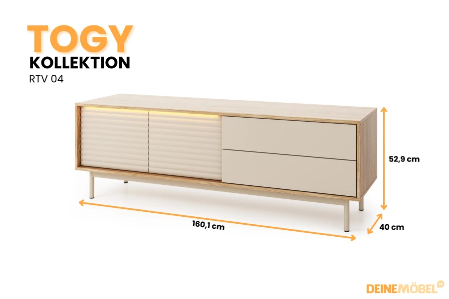 TOGY TV-Lowboard RTV 04 in Eiche und Beige mit LED-Beleuchtung, Maße: 160,1 x 52,9 x 40 cm.