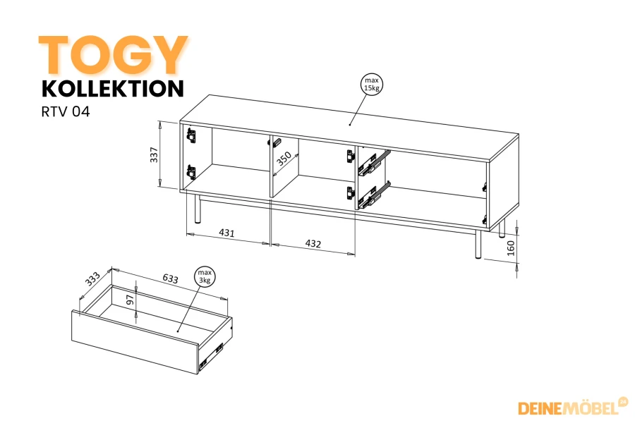 Technische Zeichnung des TOGY TV-Boards RTV 04 mit detaillierten Innenmaßen und Belastbarkeit.
