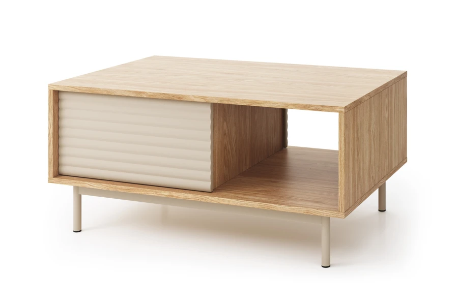 Moderner TOGY Couchtisch in Eiche-Optik mit geriffelter Front und offenem Fach.