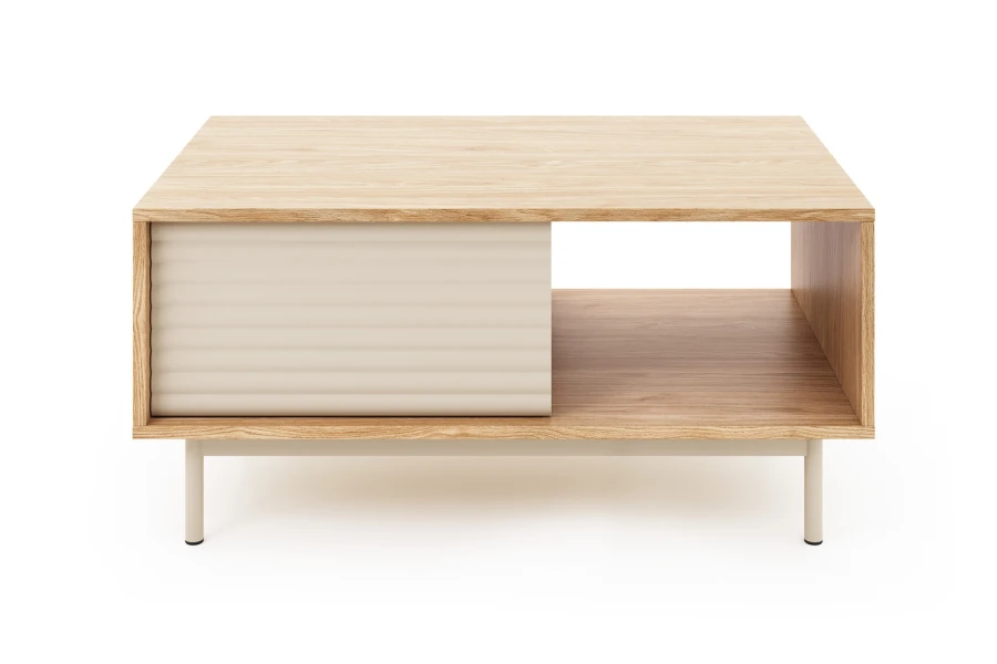 Moderner Couchtisch Togy 05 mit heller Lamellenfront und offenen Ablagefächern