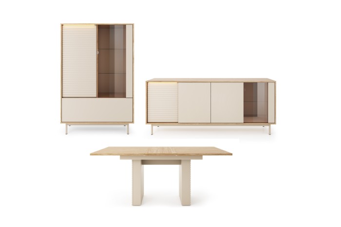 Wohnzimmer-Möbelset der TOGY Serie mit Highboard, Sideboard und ausziehbarem Esstisch in Eiche.