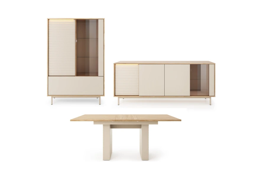 Wohnzimmer-Möbelset der TOGY Serie mit Highboard, Sideboard und ausziehbarem Esstisch in Eiche.