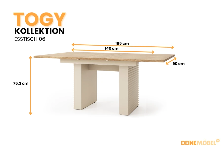 Infografik mit Maßen für den Esstisch Togy 06: Höhe 75,3 cm, Breite bis 185 cm.