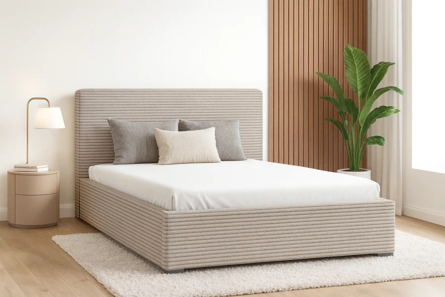 Modernes Polsterbett in beigem Cord-Design in einem hellen, gemütlich eingerichteten Schlafzimmer.