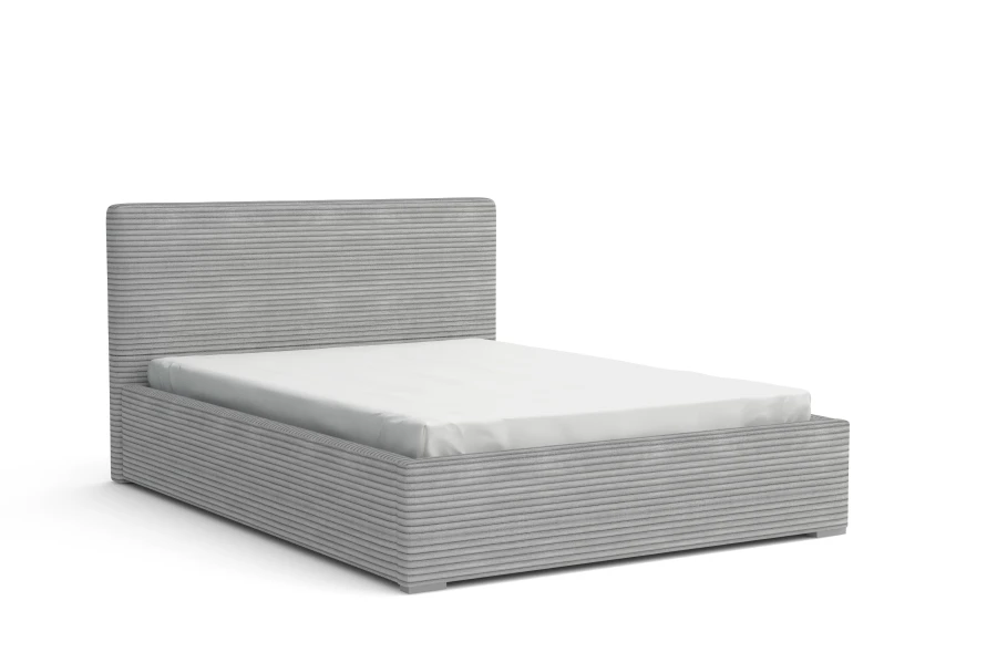 Modernes Bett in Hellgrau mit Rippenstruktur und weißer Matratze vor weißem Hintergrund.