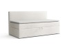 Light beige sofa bed with bed base and minimalist design on a white background.