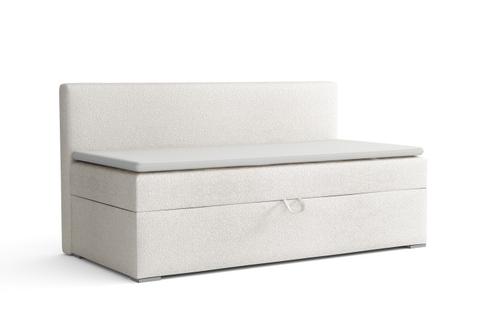 Hellbeiges Schlafsofa mit Bettkasten und minimalistischem Design auf weißem Hintergrund.