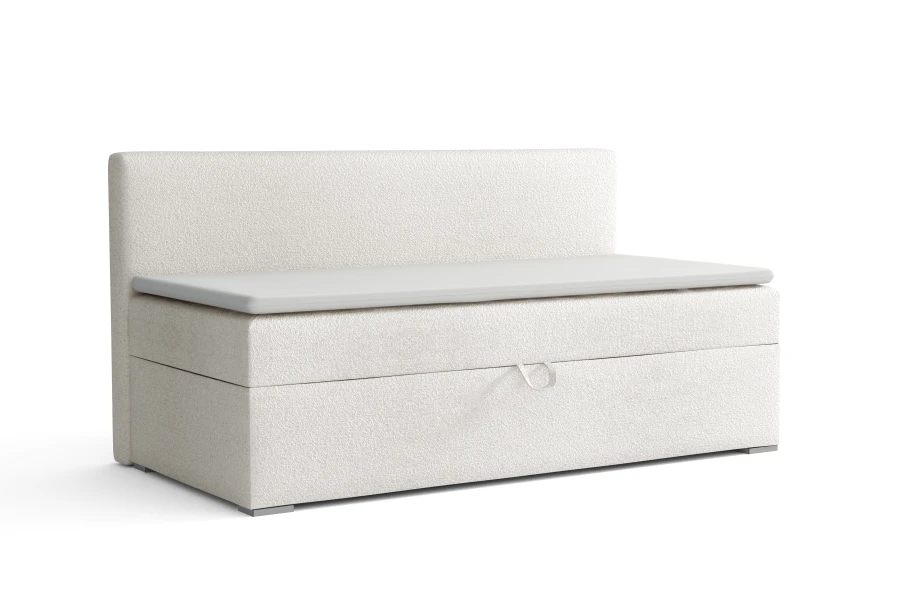 Light beige sofa bed with bed base and minimalist design on a white background.