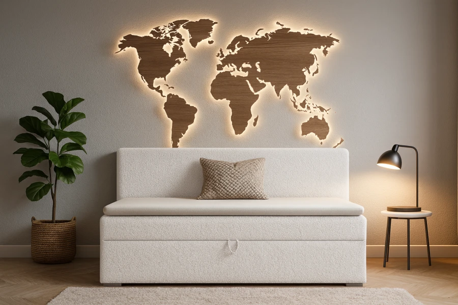 Living room decoration with a light sofa and an illuminated wooden world map on the wall.
