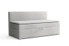 Light upholstered bed with integrated bed base in light grey, modern design.