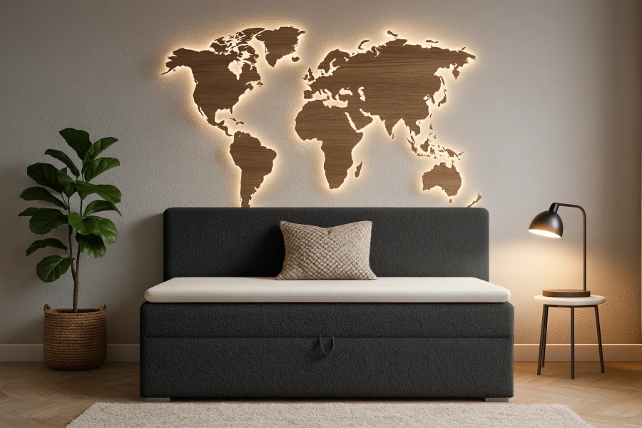 Dark grey Paolo children's sofa in front of a wall with an illuminated wooden world map.