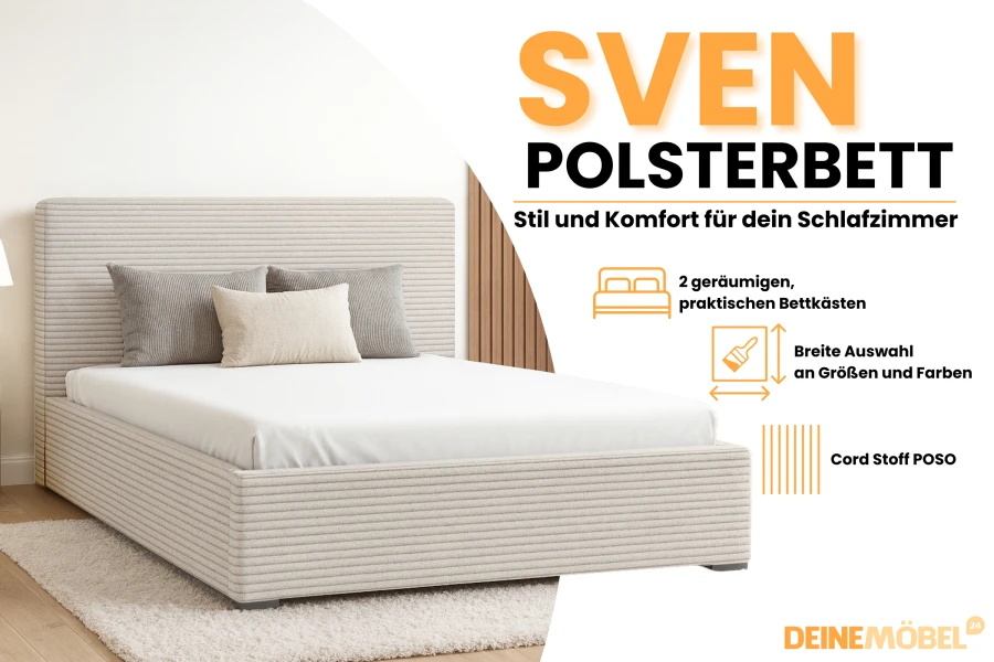 Modernes Polsterbett Sven in Beige mit Cord-Stoff POSO, Kopfteil und Bettkasten.