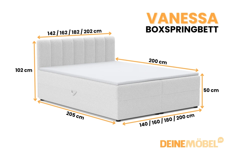 Afmetingen voor boxspringbed Vanessa: overzicht van de beschikbare breedtes en hoogtes.