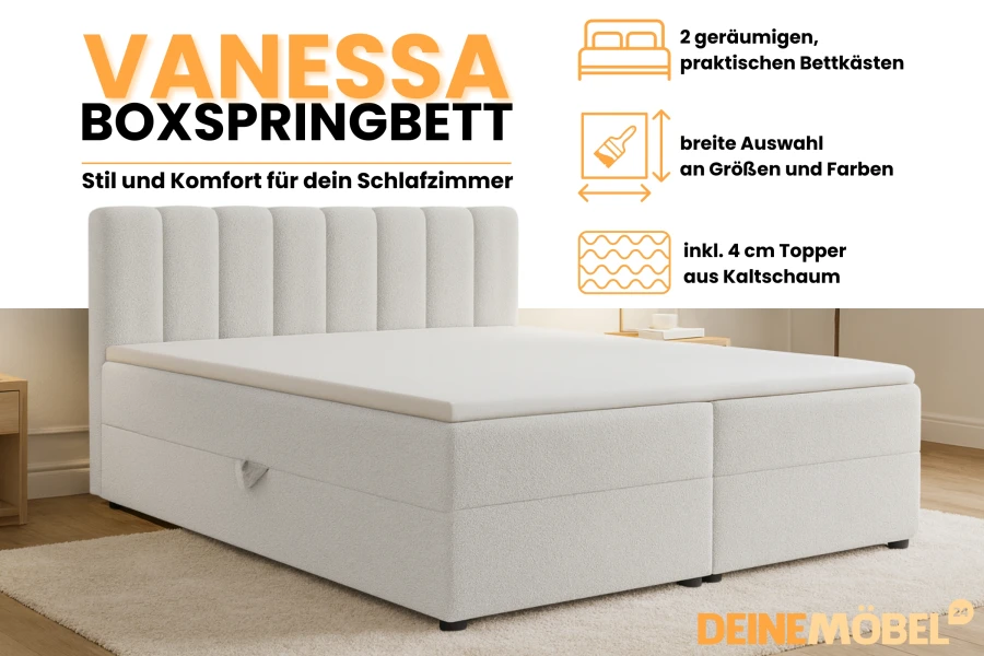 Kenmerken boxspringbed Vanessa: Inclusief 2 bedbakken, topper en kleurkeuze.