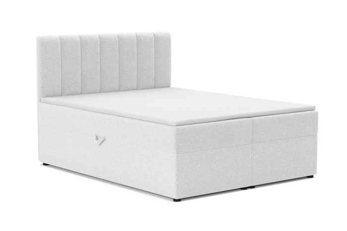 Modernes weißes Boxspringbett mit weichem Bouclé-Bezug auf weißem Hintergrund.