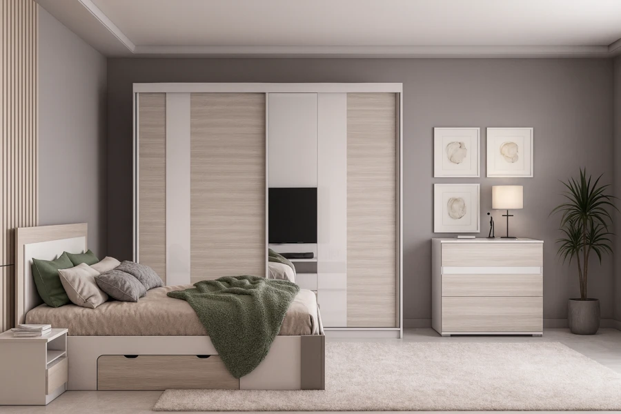 Modernes Schlafzimmer-Set in Beige mit Schiebetürenschrank, Bett mit Stauraum und passender Kommode.