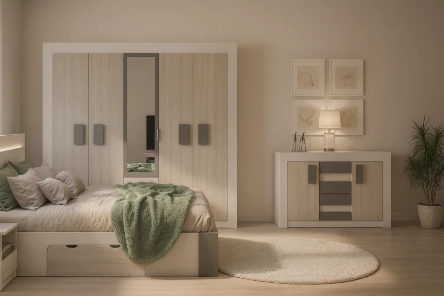 Helles Schlafzimmer-Möbelset mit 4-türigem Kleiderschrank, Sideboard und rundem Teppich.