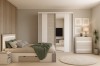 Schlafzimmer-Set mit Spiegelschrank, Bett mit Bettkasten und dekorativer Holzlamellen-Wand.