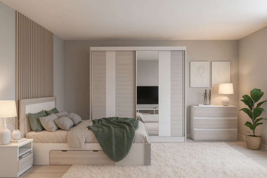 Komplettes Schlafzimmer-Set in Naturtönen mit großem Kleiderschrank, Kommode und Zimmerpflanze.