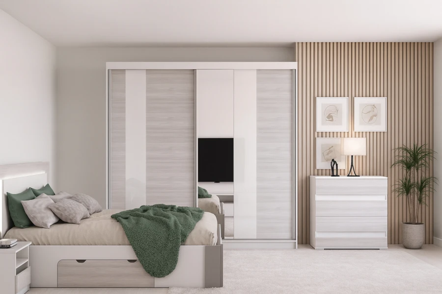 Stilvolles Schlafzimmer-Set mit Schiebetürenschrank und Bett in moderner beige-grau Optik.