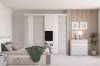 Modernes Schlafzimmer mit Schiebetüren-Kleiderschrank, Wandpaneelen aus Holz und passender Kommode in Weiß-Grau.