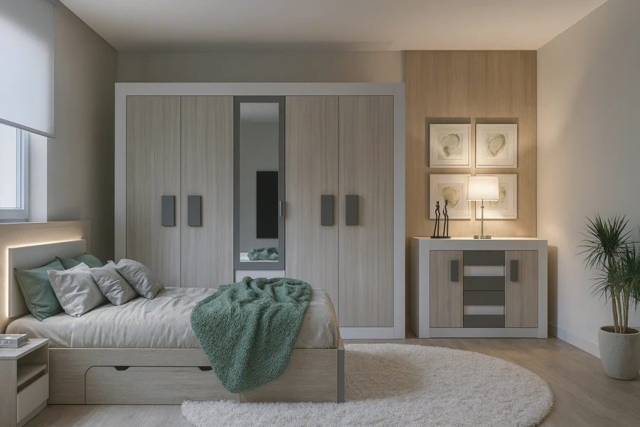 Komplettes Schlafzimmer-Möbelset in hellem Holz mit Kleiderschrank, Kommode, Bett und rundem Teppich.