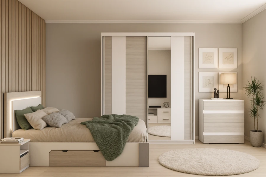 Helles Schlafzimmer-Set mit Schwebetürenschrank, Kommode und gemütlichem Bett mit grüner Decke.