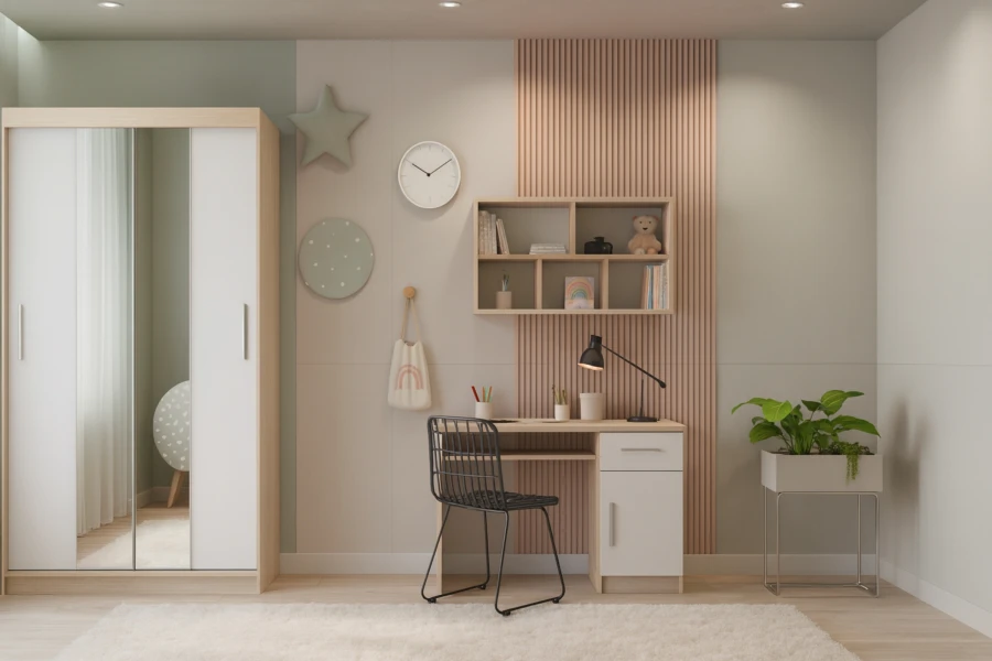 Kinderzimmer-Einrichtung mit Schreibtisch, Wandregal und Kleiderschrank in sanften Pastelltönen.