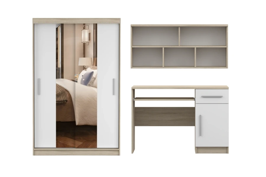 Furniture set in oak look and white: wardrobe with mirror, desk and wall shelf.