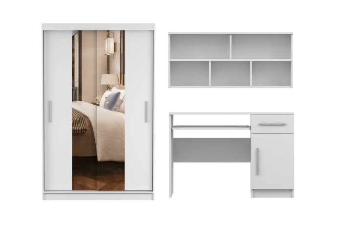 Wit meubelset bestaande uit een spiegelkast, compact bureau en wandplank.