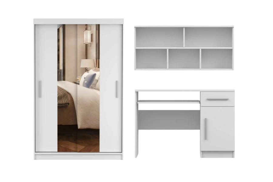 Wit meubelset bestaande uit een spiegelkast, compact bureau en wandplank.