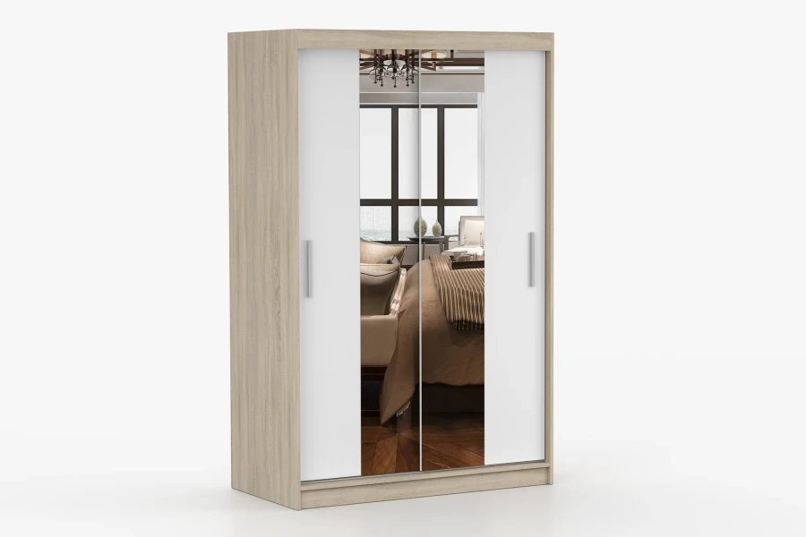 Moderner Kleiderschrank in Sonoma Eiche und Weiß mit praktischen Spiegeltüren.