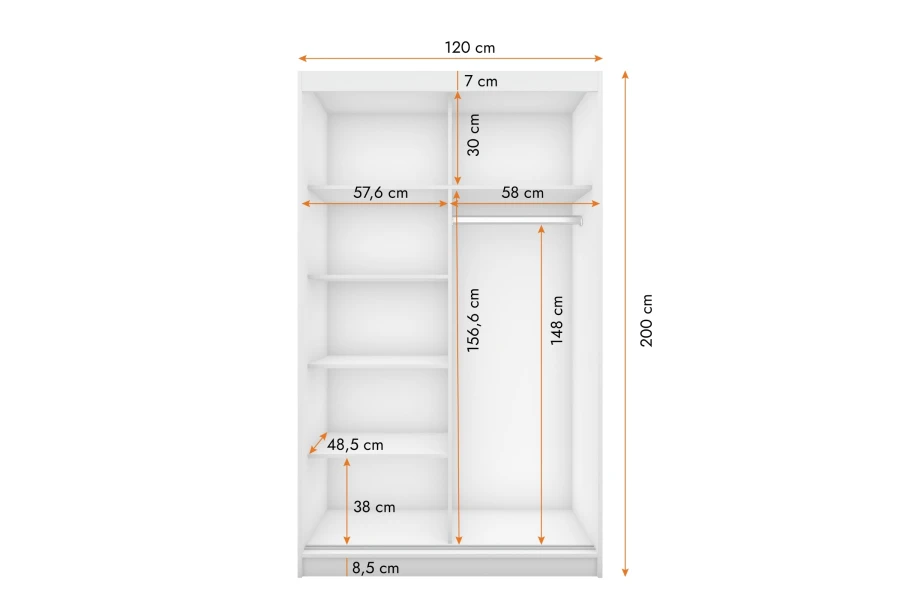 Technische Zeichnung mit Maßen für einen 120 cm breiten Kleiderschrank in Weiß.