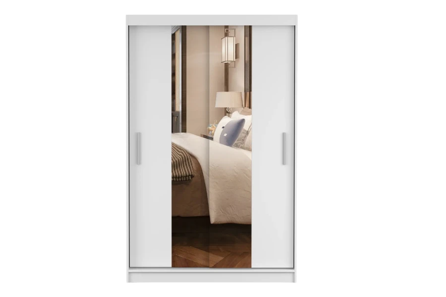 Weißer Kleiderschrank mit Schwebetüren und Spiegeln, Frontalansicht auf weißem Hintergrund.