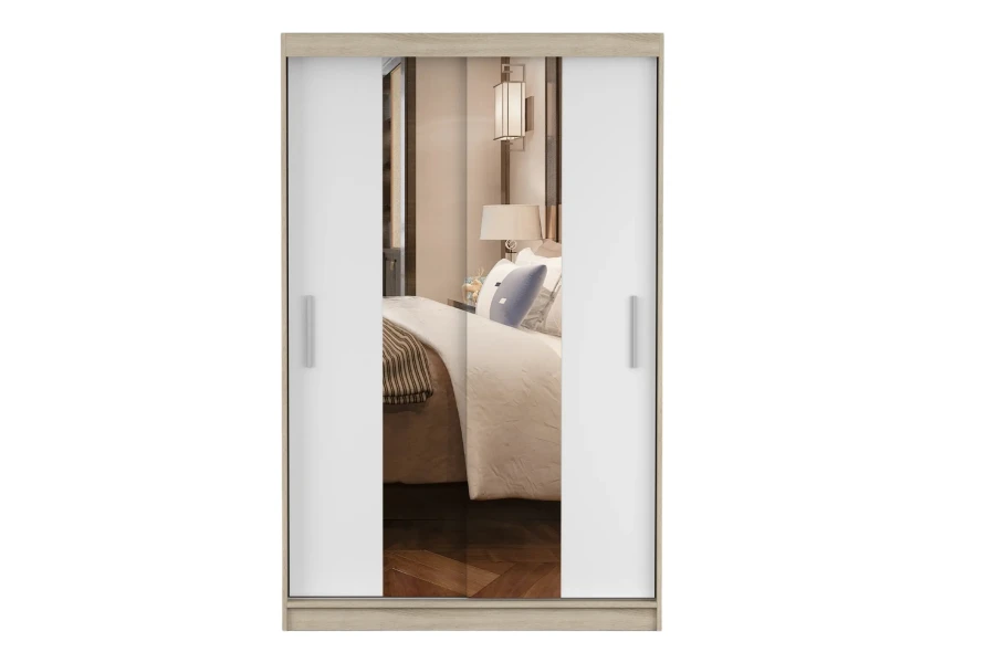 Schwebetürenschrank in Eiche-Optik mit weißen Fronten und Spiegeln, Frontansicht.