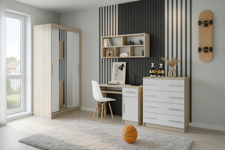 Eingerichtetes Jugendzimmer mit Schreibtisch, Schrank und Kommode in Weiß-Eiche.