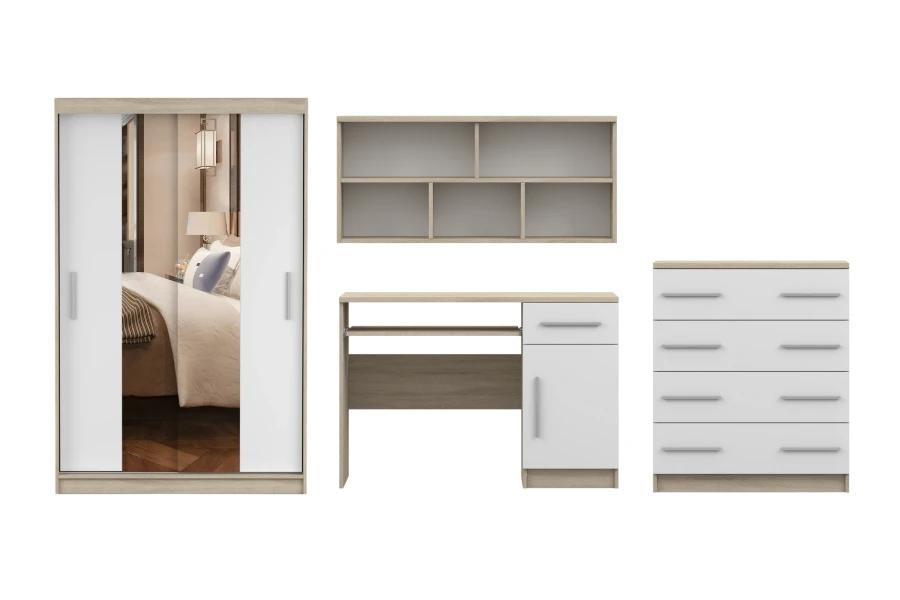 Jugendzimmer-Set in Eiche-Optik und Weiß mit Schrank, Schreibtisch, Regal und Kommode.