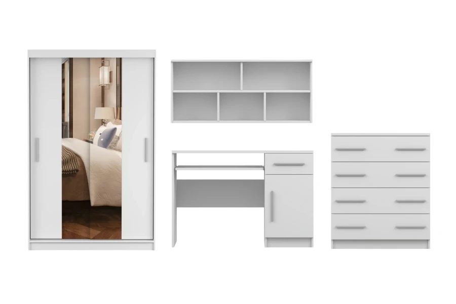 Complete children's room furniture set in white including wardrobe, desk and chest of drawers.