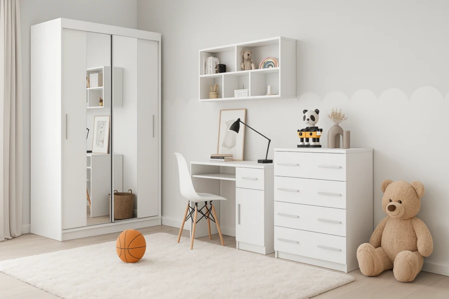 Brightly furnished youth room with white furniture, desk, wardrobe and teddy bear.