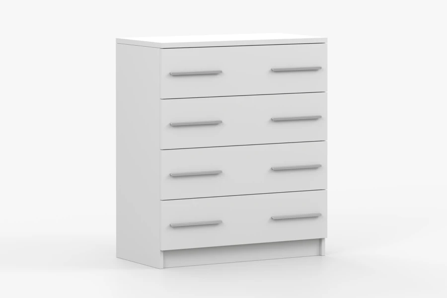 Schlichte weiße Kommode mit 4 geräumigen Schubfächern für Schlafzimmer oder Flur.