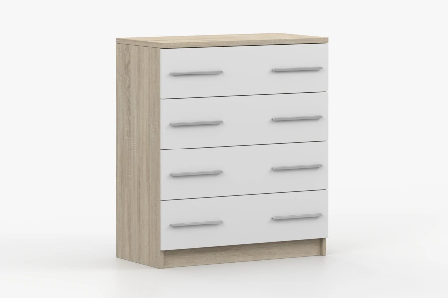 Moderne Kommode in Eiche-Optik mit 4 weißen Schubladen und silbernen Griffen für das Schlafzimmer.