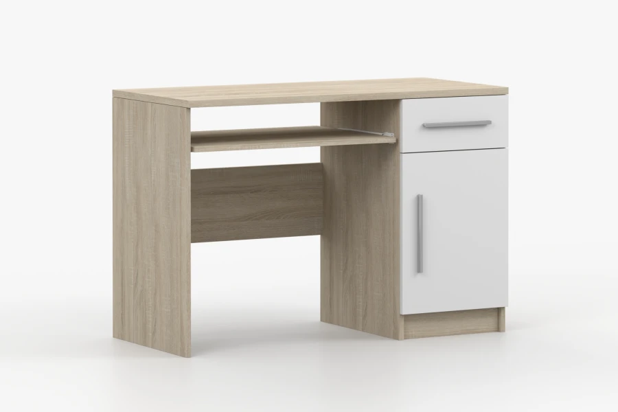 PC-Tisch in Eiche-Dekor und Weiß mit Schublade und Tür, Seitenansicht.