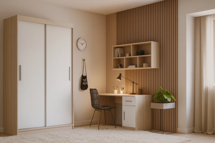 Modernes Zimmer mit Kleiderschrank, Schreibtisch und Wandregal in Eiche-Optik und Weiß.