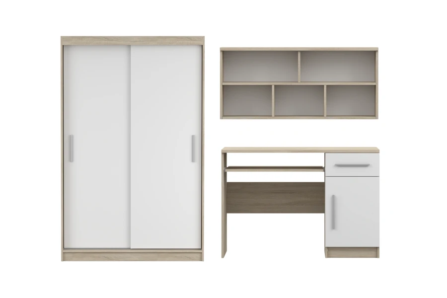 Möbelkombination in Eiche-Optik und Weiß mit Schrank, Schreibtisch und Hängeregal.