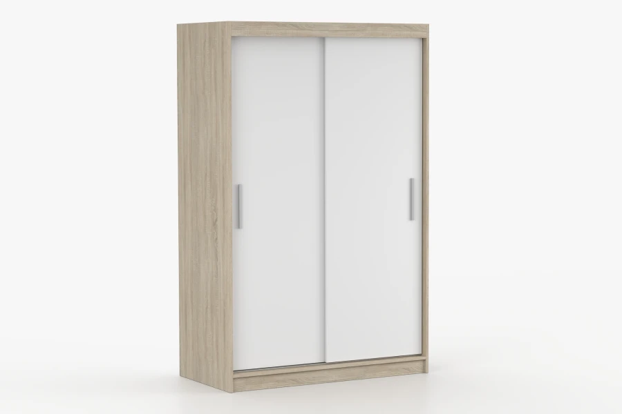 Moderner Kleiderschrank mit Schiebetüren in Eiche-Weiß, perspektivische Ansicht.