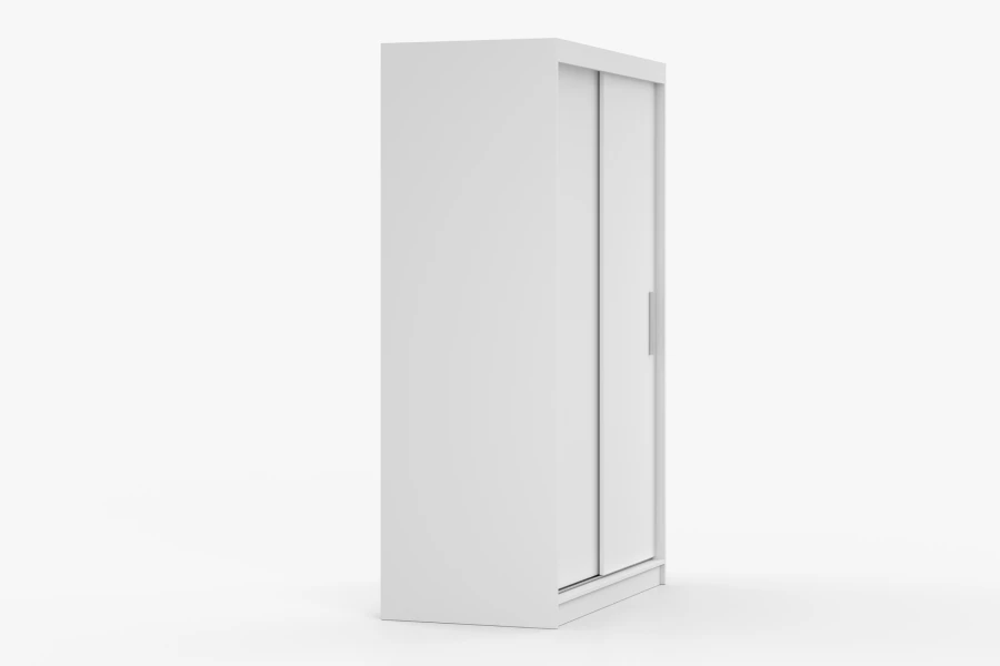 Weißer Schwebetürenschrank mit zwei Türen, minimalistische Seitenansicht.