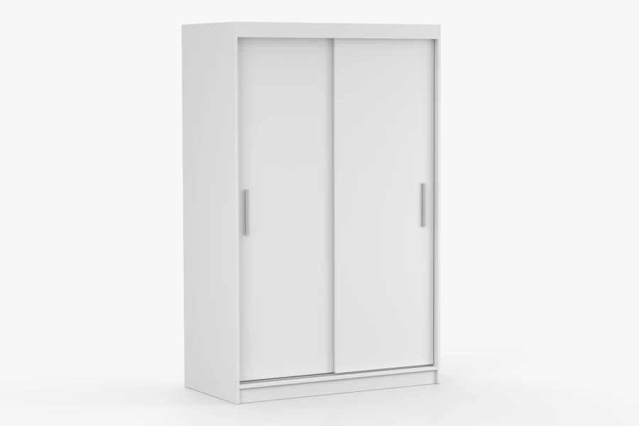 Moderner weißer Schwebetürenschrank mit zwei Schiebetüren für das Schlafzimmer.