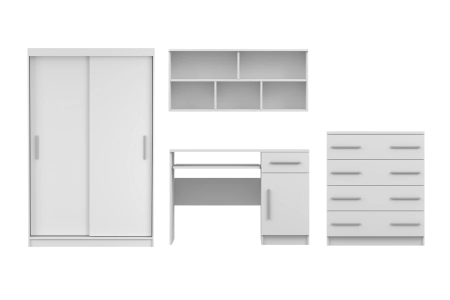 4-teiliges Möbelset in Weiß bestehend aus Kleiderschrank, Schreibtisch, Kommode und Regal.